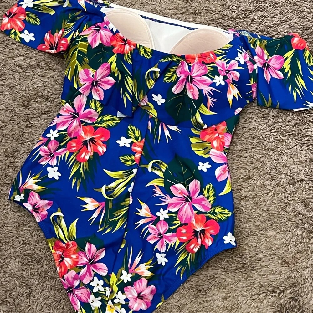 Kona Sol Sz 14W One Piece Swimsuit Floral Ruffle Top Drop Shoulder - Picture 5 of 10